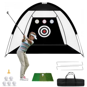 10x7ft Nylon Fiberglass Golf Training Set Indoor Outdoor Backyard Practice Net 3 in 1 Hitting Mat Portable Chipping