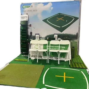 153D White Radian & Yellow Cross Golf Teaching Mat Beginner Friendly Stance & Swing Trainer with Body Protection
