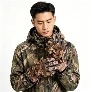 3D Leafy Camo Touchscreen Hunting Gloves Lightweight Stretch Fit with Non Slip Grip Polyester Material for Hiking Fishing