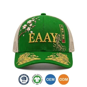 3D Puff Embroidery Trucker Hat Japanese Koi Fish Wave Design with Sakura Streetwear Mesh Cap