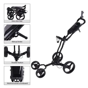 4 Wheel Lightweight Aluminum Alloy Golf Push Cart Foldable and Easy Push Pull Trolley Design with Handbrake for Senior Golfers