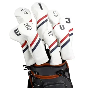 4pcs Set PU White with Red Blue Stripes Customized Logo Sport Accessories Wood Cover Number Golf Head Cover