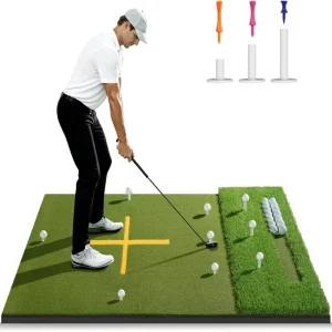 5*4ft Dual Turf Golf Training Mat with Ball Tray Golf Hitting Mat with 9 Holes Alignment Aid for Driving Chipping Swinging