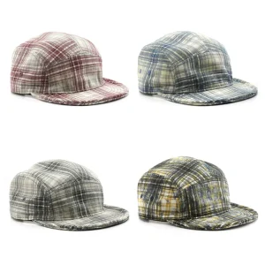 5-Panel Retro Plaid Baseball Cap Custom Embroidered Logo Flat-Brimmed Soft Top Outdoor Camping Cap