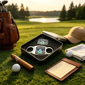 5In 1 Slim Perfect Cut Logo Cigar Lighter With Built in V Cutter Round All Cuts Logo Case Golf Ball Marker