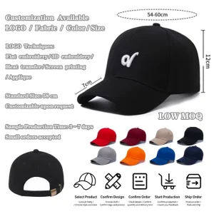 6 Panel Cotton Adjustable Baseball Cap Unisex Custom Embroidery Logo Men’s Women’s Embroidered Baseball Hat