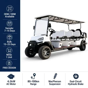 8 Seater Electric Golf Cart 6+2 Passenger 4.0kW AC Motor 80 100km Range Golf Course Resort Hotel OEM