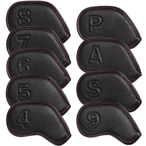 9-Piece Embossed Number Black Pebbled PU Leather Golf Iron Head Covers