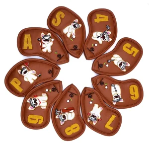 9Pcs Complete Pu Leather Golf Club Headcover Set Embroidery Cartoon Dog Logo Universal Fit Iron Club