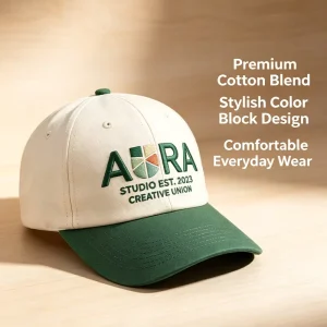 AURA PRISM Color Block Cotton Vintage Two Tone Cream Green Embroidery Adjustable Streetwear Baseball Cap