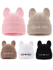 Baby Cartoon Cat-Ear Knitted Hat Soft Stretchy 100% Acrylic Autumn/Winter Embroidered Kitten Beanie Multi-Coloured