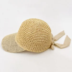 Beach Sport Crocheted Straw Hats Curve Brim Baseball Cap Sun Protection Visor Straw Baseball Cap With Bow
