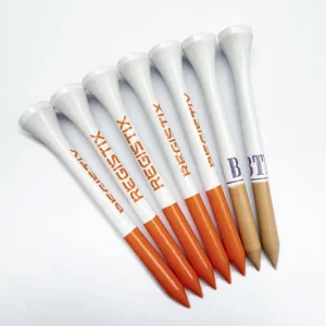 Biodegradable Bamboo Golf Tees 100% Custom Logo Available Two Lengths 70mm 83mm 4 Prongs 1000 Tees Bag Dual Color Printing
