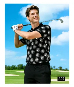 Black Floral Pattern Golf Clothes Men’s Lapel Short Sleeves Golf Polo Shirts with High Quality Materials