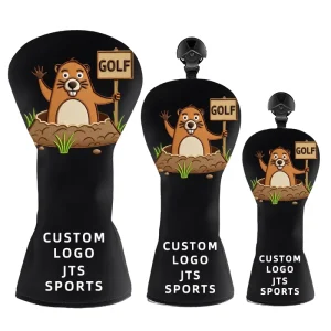 Black Golf Club Headcover with Groundhog Pattern for Driver and Hybrid Clubs