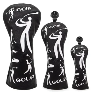 Black Golf Wood Headcover Set for Driver, Fairway and Hybrid Clubs, PU Leather, Fits 460cc Drivers
