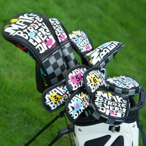 Black PU Checkered Print Bird PU Leather Embroidery Golf Driver Wood Iron Mallet Blade Putter Headcover Golf Head Cover Set