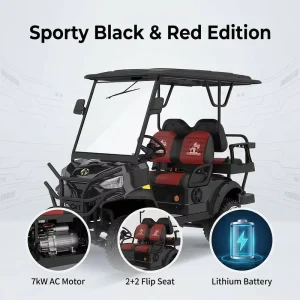 Black and Red Electric Golf Cart 4 Seater 2+2 Seats Off Road Lifted Golf Car with Lithium Battery for Luxury Resort