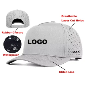 Blank Custom High End Rubber Closure 5 Panel Performance Waterproof Hydro Perforated Golf Hat With Custom Rubber PVC Patch LOGO