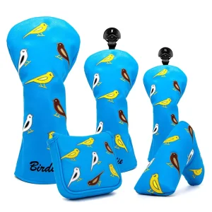 Blue Birdie Wood Clover Golf Headcovers for Driver, Fairway, Hybrid, Blade Putter, Mallet Putter, and Iron