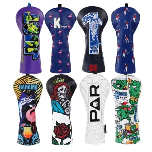 Blue Golf Headcover PU Leather Flamingo Golf Accessories Embroidery Golf Driver Head Cover