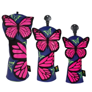 Blue PU Pink Butterfly Golf Head Cover Set 1 3 5 Driver Wood Headcovers