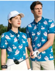 Blue Print Goose Pattern Golf Clothes Unisex Summer UPF Sun Protection Golf Polo Shirts with Four-Way Stretch Fabric
