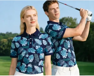 Blue Tropical Plant Leaf Digital Print Golf Polo Shirt Breathable Quick Dry Golf Clothes Custom Logo OEM ODM