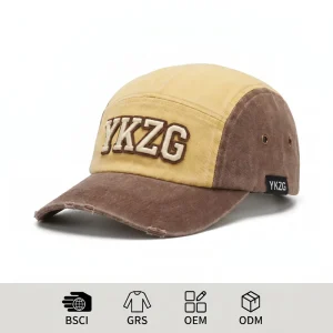 Boutique 5 Panel Camper Hat Custom Washed Cotton Distressed Frayed Bill 3D Puff Embroidery Logo GRS Sustainable Streetwear Art