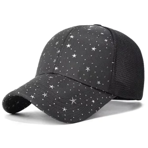 Breathable Half Mesh Curved Brim Casual 6 Panel Baseball Cap Unisex Bling Star Rhinestone Mesh Trucker Hat