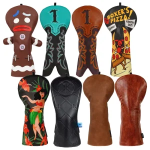 Brown PU Leather Suede Golf Headcover Embroidery Golf Head Cover
