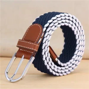 Btu1129 Navy White Belts Women Fabric Braided Belts Men Golf Stretch Belts