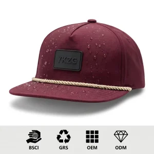 Burgundy 5 Panel Rope Hat Water Resistant Performance Fabric Custom Silicone Patch Logo GRS Sustainable Golf Cap Design