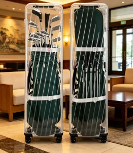 Clear PC Golf Travel Bag with Spinner Wheels Hard Golf Club Case with Internal Straps TSA Friendly Transparent Golf Luggage