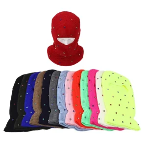 Cross border Fashion Sparkling Rhinestone Single hole Knitted Hat Warm Ear protecting Full face Cycling Hat
