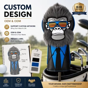 Custom 3D Animal PU Leather Golf Driver Headcover Water Resistant Funny Gorilla Design Faux Fur Club Protector OEM
