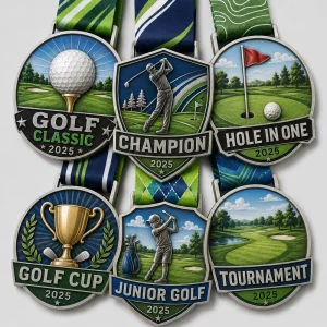 Custom 3D Zinc Alloy Golf Medal Champion Hole in One Junior Golf Cup Tournament Metal Sport Award Medals with Ribbon