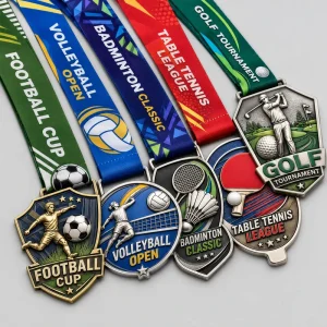 Custom 3D Zinc Alloy Medal Football Soccer Volleyball Badminton Table Tennis Golf Metal Sport Award Medals with Printed Ribbon