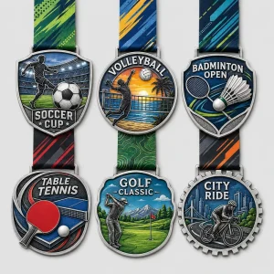 Custom 3D Zinc Alloy Sport Medal Soccer Volleyball Badminton Table Tennis Golf Cycling Award Medals with Printed Ribbon for Club