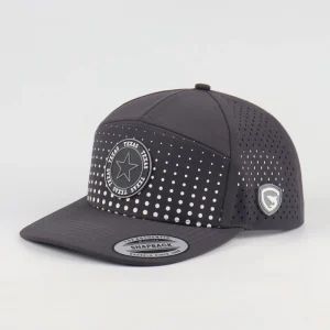Custom 7 Panel Flat Brim Laser Cut Perforated Golf Hat Quick Dry Rubber Patch Printing Snapback Cap