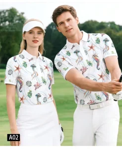 Custom Activewear Factory Summer Resort Style Golf Clothes Men Women Golf Wear Ocean Print UV Protection Golf Polo Shirts