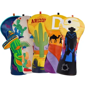 Custom Arizona Desert PU Leather Golf Headcover Set for Driver, Fairway and Hybrid, Cactus Embroidery, OEM ODM