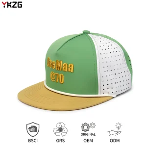 Custom Baseball Cap Summer Outdoor Hiking Perforated Laser Cut 5 Panel Rope Cap Green Yellow Breathable Quick Dry