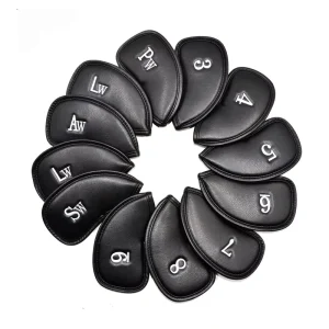 Custom Black Thick Synthetic PU Leather + Stretch Fur Golf Club Head Cover 12pcs Set Embroidered Logo Iron Headcover