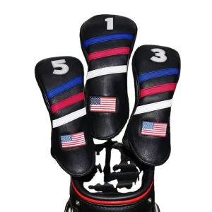 Custom Black Waterproof Golf Driver Headcover USA Flag Embroidery Print Premium Leather Plush Lining Protection