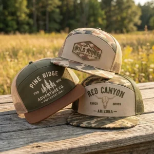 Custom Camo Richardson 7 Panel Trucker Hat with Mesh Back Vintage Leather Rubber Patch Flat Brim Snapback Cap BSCI Manufacturer