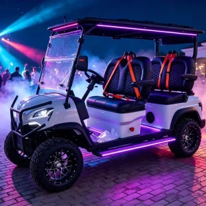 Custom Electric Party Golf Cart 4 Seat Lead Acid Battery Off Road with Purple LED Under Glow Lights CE Certified OEM Available