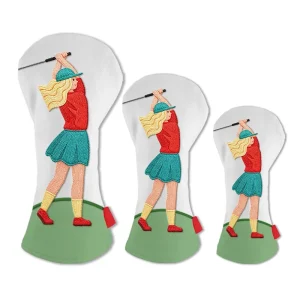 Custom Embroidered Golf Head Covers Cute Lady Golfer Design Golf Club Headcovers for Driver Fairway Hybrid