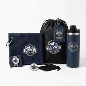 Custom Event Kit Golf Registration Gift Set with Golf Towel Bag Tag Ball Marker Cap Clip Pouch Tumbler