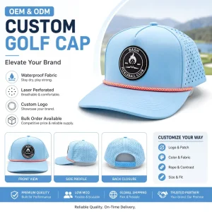 Custom Fashion Style 5 Panel Woven Patch Rope Adjustable Sun Protection Men Golf Hats Baseball Caps